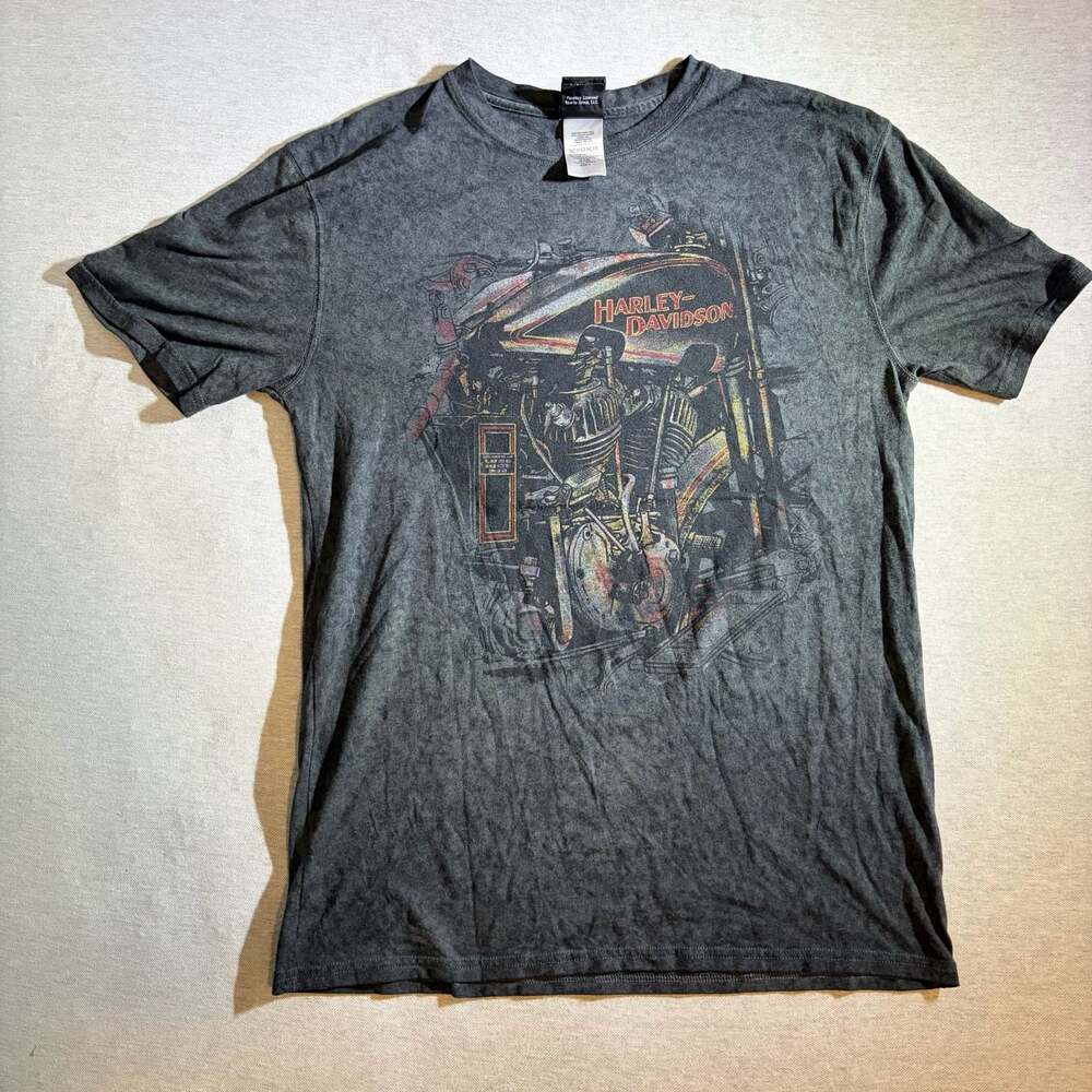 Harley-Davidson Men's Gray Acid Wash Graphic Motorcycle Engine T-Shirt